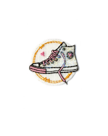 Trendy sneakers iron-on patch with white glitter 50mm