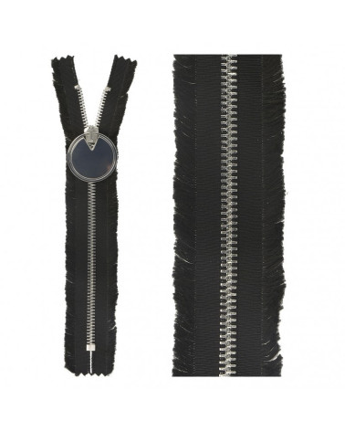 Non-separable fringed closure and 20mm black round zip