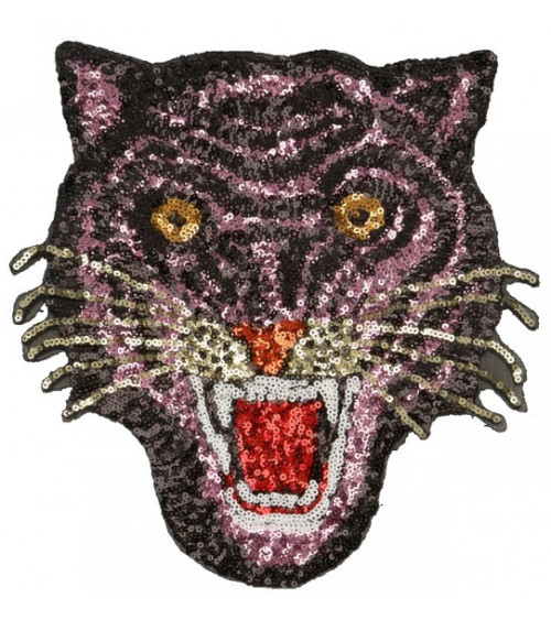 XL-Tiger-Aufnäher zum Aufbügeln mit rosa Pailletten, 22 cm x 23 cm