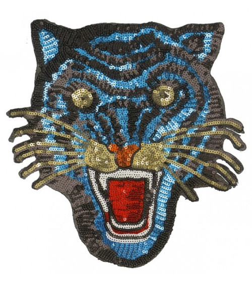 XL tiger iron-on patch with blue sequins 22cm x 23cm
