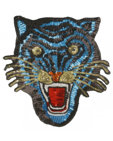 XL tiger iron-on patch with blue sequins 22cm x 23cm