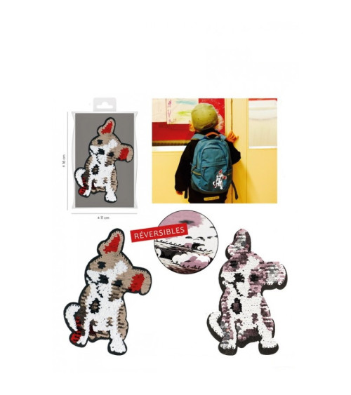 XL reversible iron-on badge bulldog dog with gold/red sequins reversible silver/pink 16cm x 10cm