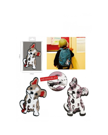 XL reversible iron-on badge bulldog dog with gold/red sequins reversible silver/pink 16cm x 10cm