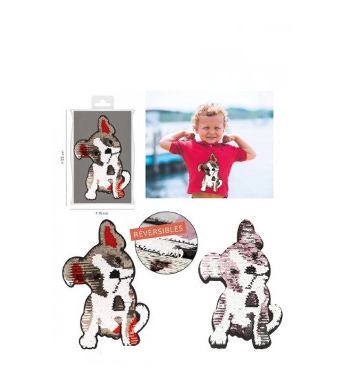Ecusson thermocollant réversible XL chien bouledogue à sequins or/rouge réversible argent/rose 22cm x 13cm