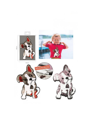 Ecusson thermocollant réversible XL chien bouledogue à sequins or/rouge réversible argent/rose 22cm x 13cm