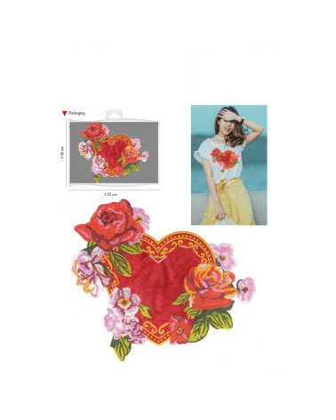 XL red heart and flowers sewing patch 18cm x 22cm