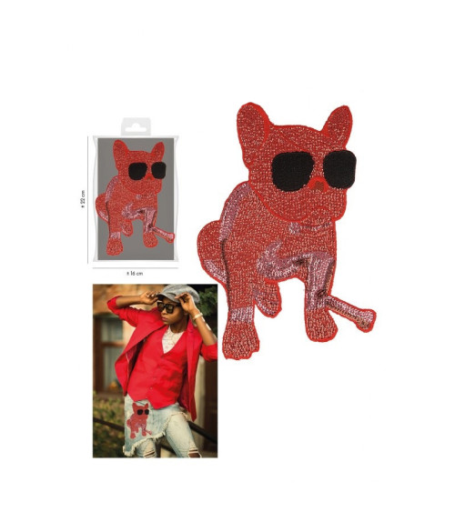 XL Bulldog Dog with Red Sequin Guitar Sew-on Patch 21cm x 14.5cm