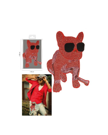 XL Bulldog Dog with Red Sequin Guitar Sew-on Patch 21cm x 14.5cm