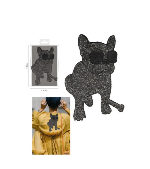 Ecusson à coudre XL chien bouledogue avec guitare à sequins noir 21cm x 14,5cm