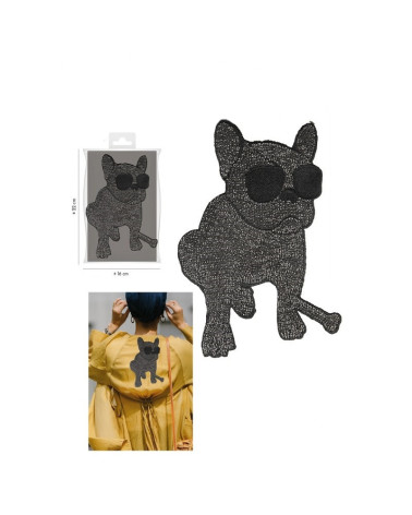 Ecusson à coudre XL chien bouledogue avec guitare à sequins noir 21cm x 14,5cm