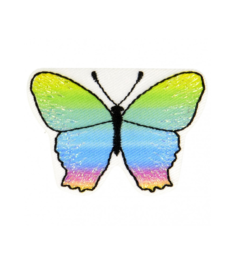 Iron-on butterfly patch green blue pink yellow 3 cm x 5 cm