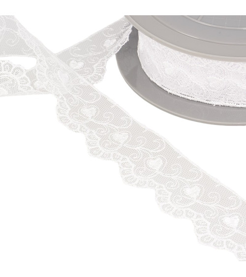 Reel embroidery tulle hearts 14.6m white 35mm
