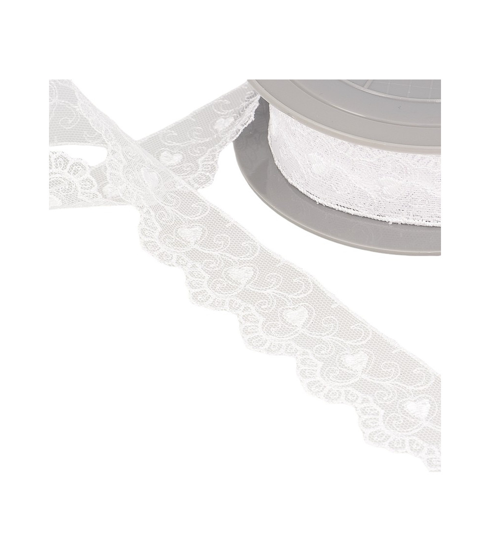 Bobina ricamo tulle cuori 14,6 m bianco 35 mm