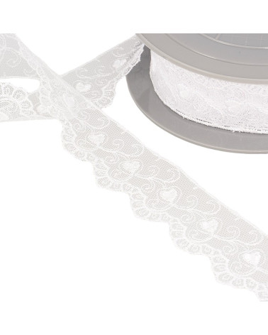 Bobina ricamo tulle cuori 14,6 m bianco 35 mm