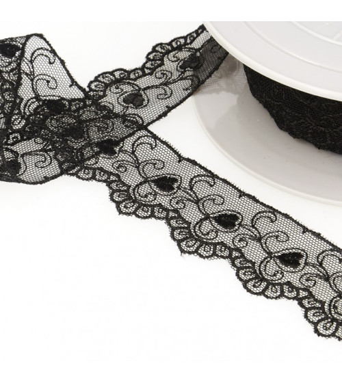 Spool of embroidery tulle hearts 14.6m black 35mm