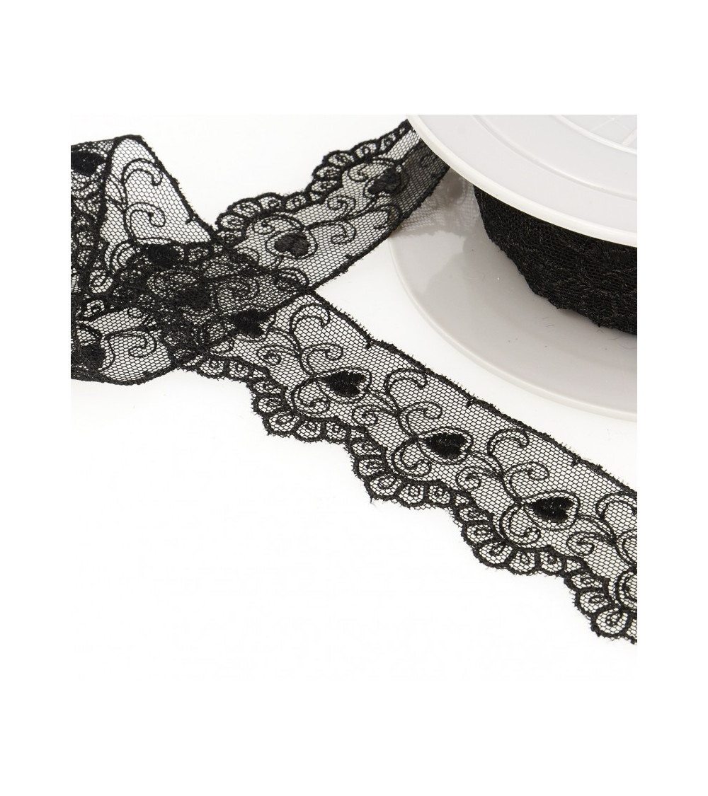 Spool of embroidery tulle hearts 14.6m black 35mm