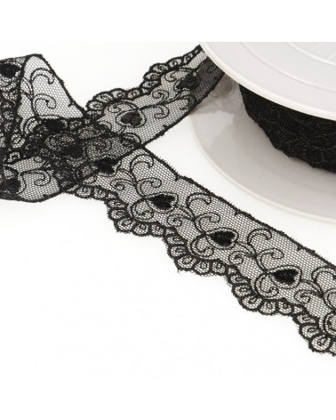 Bobina di ricamo cuori di tulle 14,6 m nero 35 mm