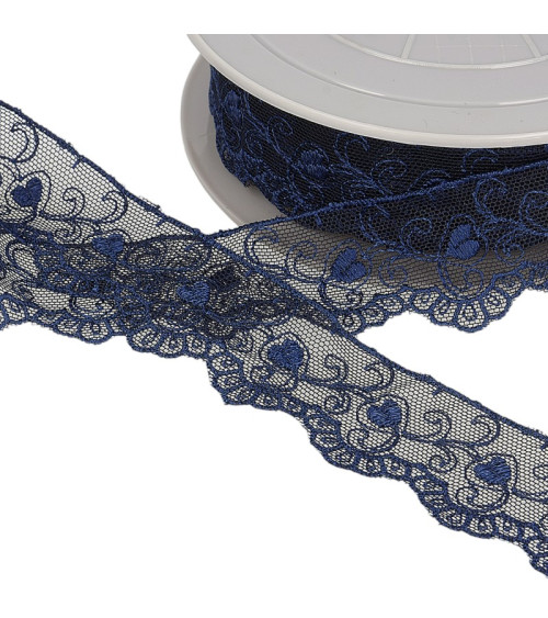 Spool of embroidered tulle hearts 14.6m navy blue 35mm