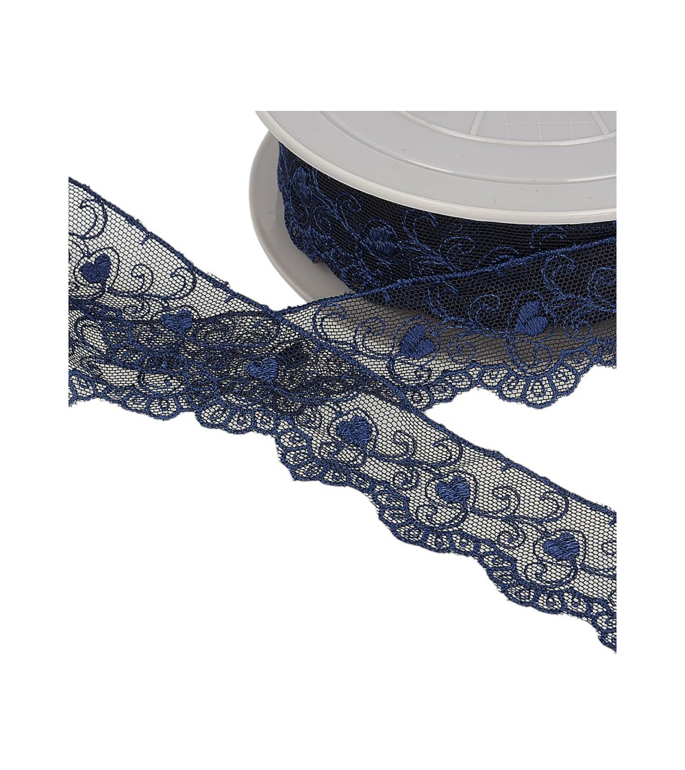 Spool of embroidered tulle hearts 14.6m navy blue 35mm