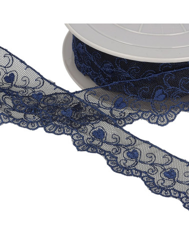 Spool of embroidered tulle hearts 14.6m navy blue 35mm