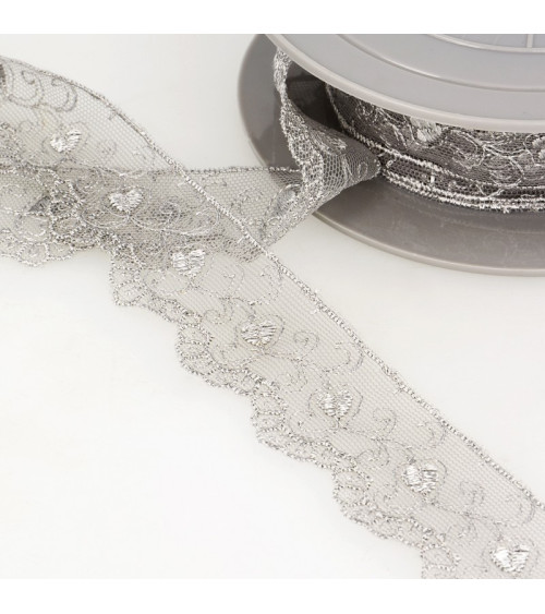 Reel embroidery tulle hearts 14.6m light gray 35mm
