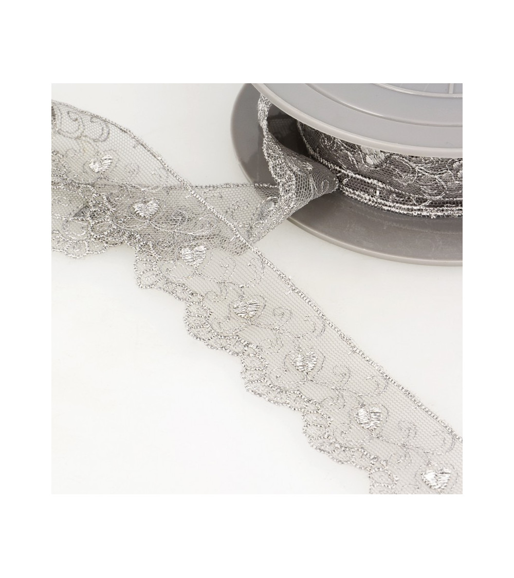 Bobina di ricamo tulle cuori 14,6 m grigio chiaro 35 mm