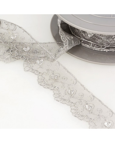 Bobina di ricamo tulle cuori 14,6 m grigio chiaro 35 mm