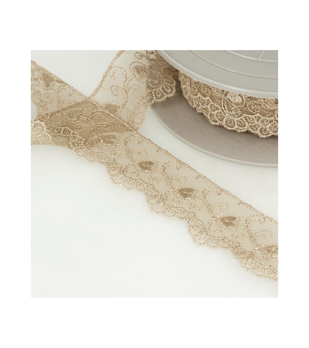Spool of embroidery tulle hearts 14.6m beige 35mm