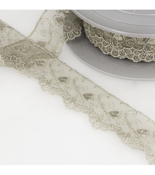 Spool of embroidery tulle hearts 14.6m taupe 35mm