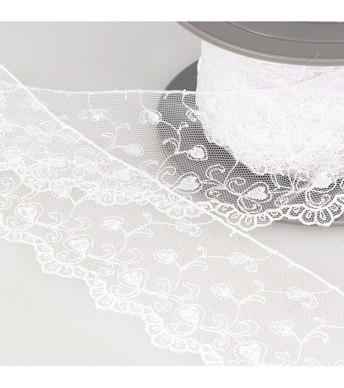 Reel embroidery tulle hearts 14.6m white 70mm