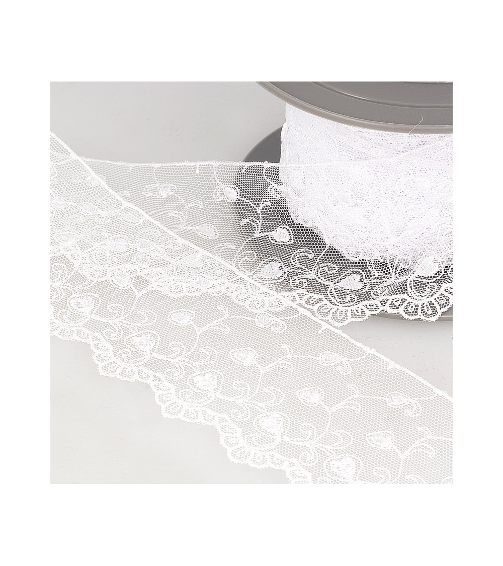 Reel embroidery tulle hearts 14.6m white 70mm