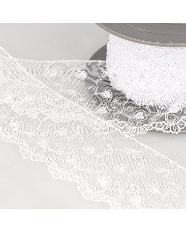 Bobine broderie tulle cœurs 14,6m blanc 70mm