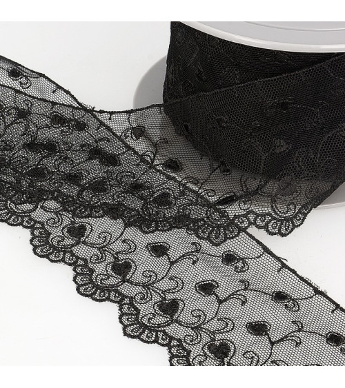 Spool of embroidery tulle hearts 14.6m black 70mm