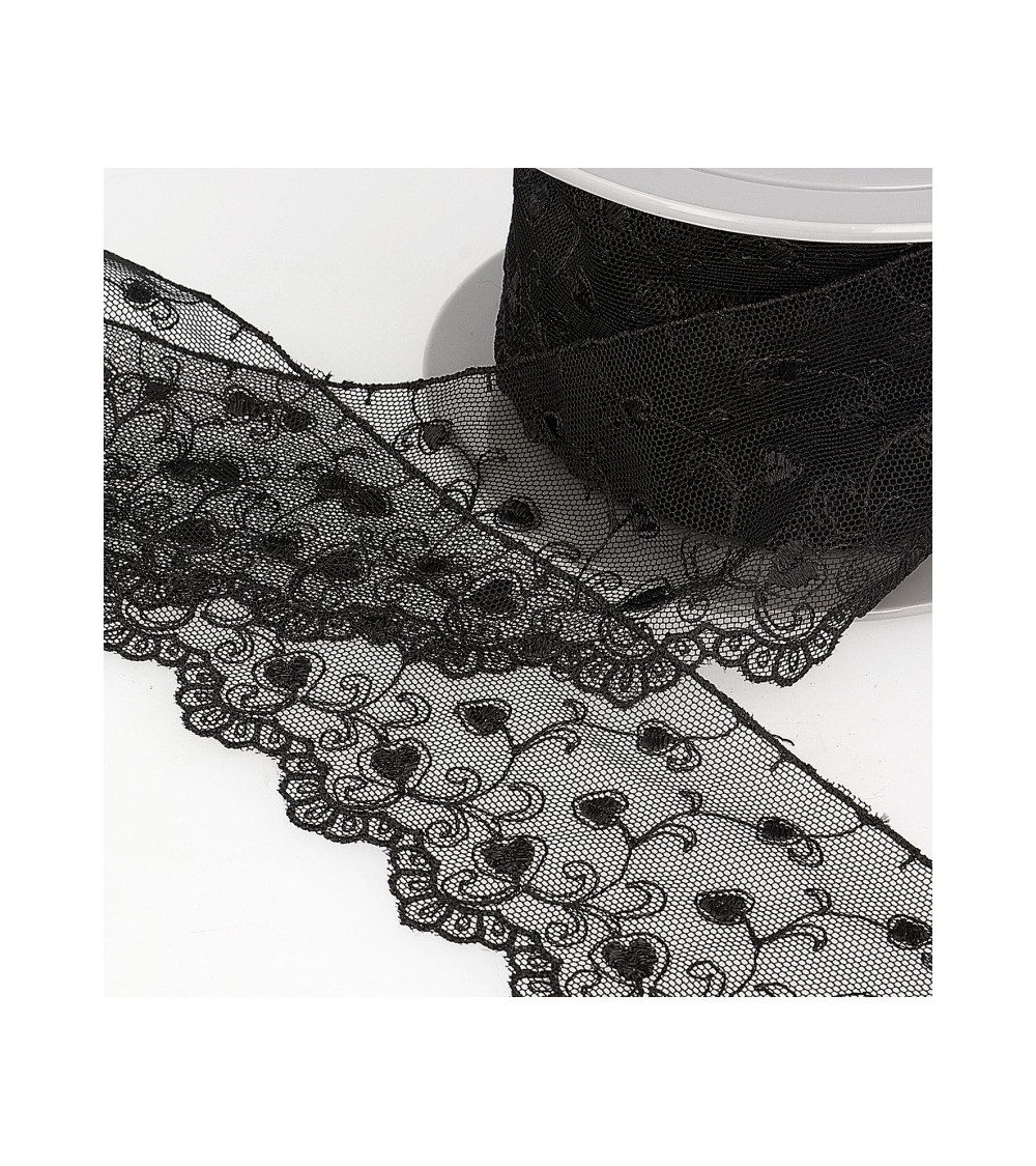 Spool of embroidery tulle hearts 14.6m black 70mm
