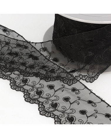 Spool of embroidery tulle hearts 14.6m black 70mm