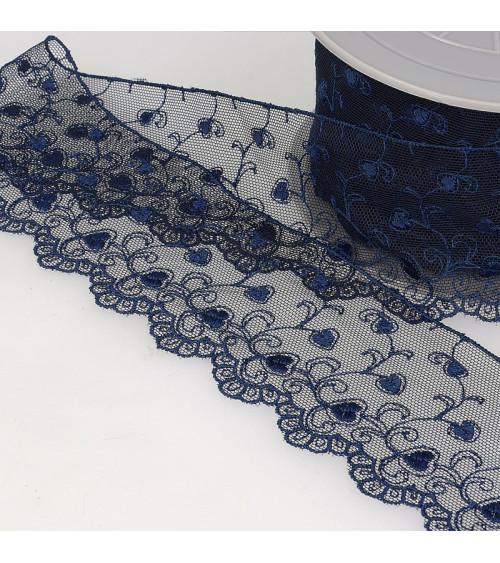 Spool of embroidered tulle hearts 14.6m navy blue 70mm