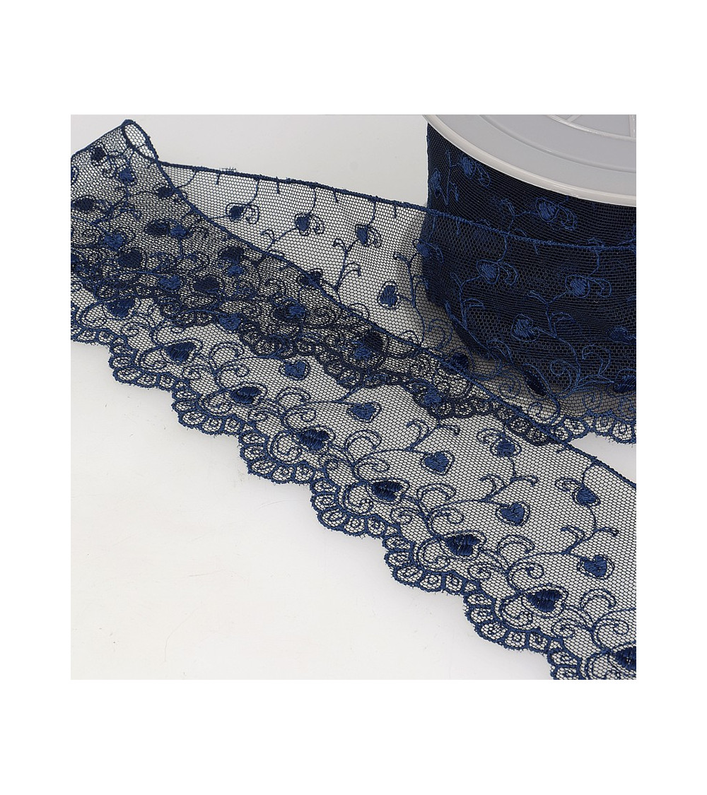 Bobina di cuori di tulle ricamato 14,6 m blu navy 70 mm