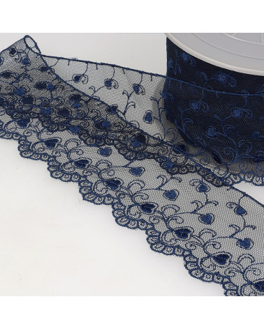 Bobina di cuori di tulle ricamato 14,6 m blu navy 70 mm