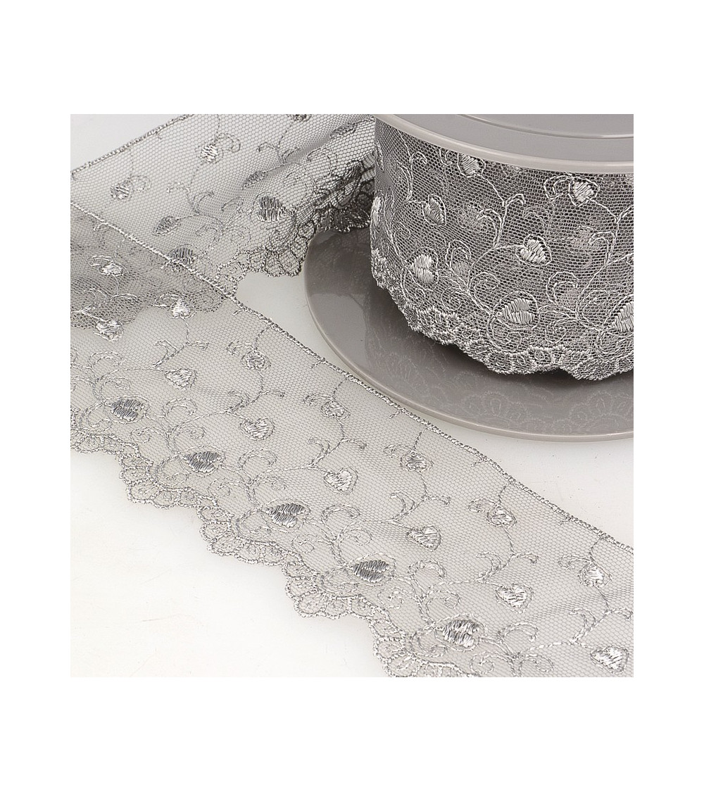 Bobina ricamo tulle cuori 14,6m grigio chiaro 70mm