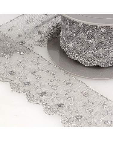 Spool of embroidery tulle hearts 14.6m light gray 70mm