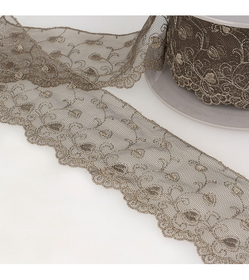 Spool of embroidery tulle hearts 14.6m dark gray 70mm