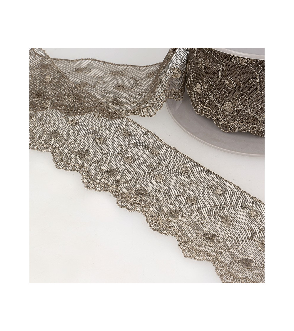 Bobina di ricamo cuori di tulle 14,6 m grigio scuro 70 mm