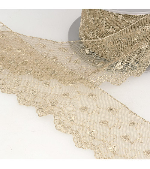 Spool of embroidery tulle hearts 14.6m beige 70mm