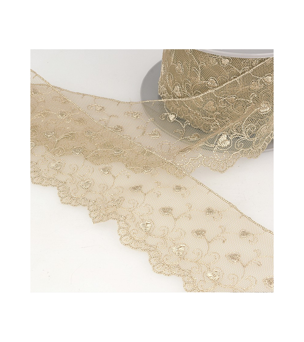 Bobina di ricamo cuori di tulle 14,6 m beige 70 mm
