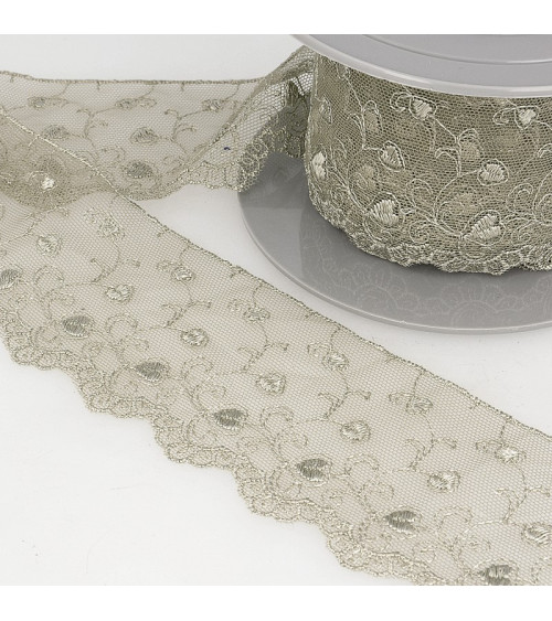 Spool of embroidery tulle hearts 14.6m taupe 70mm