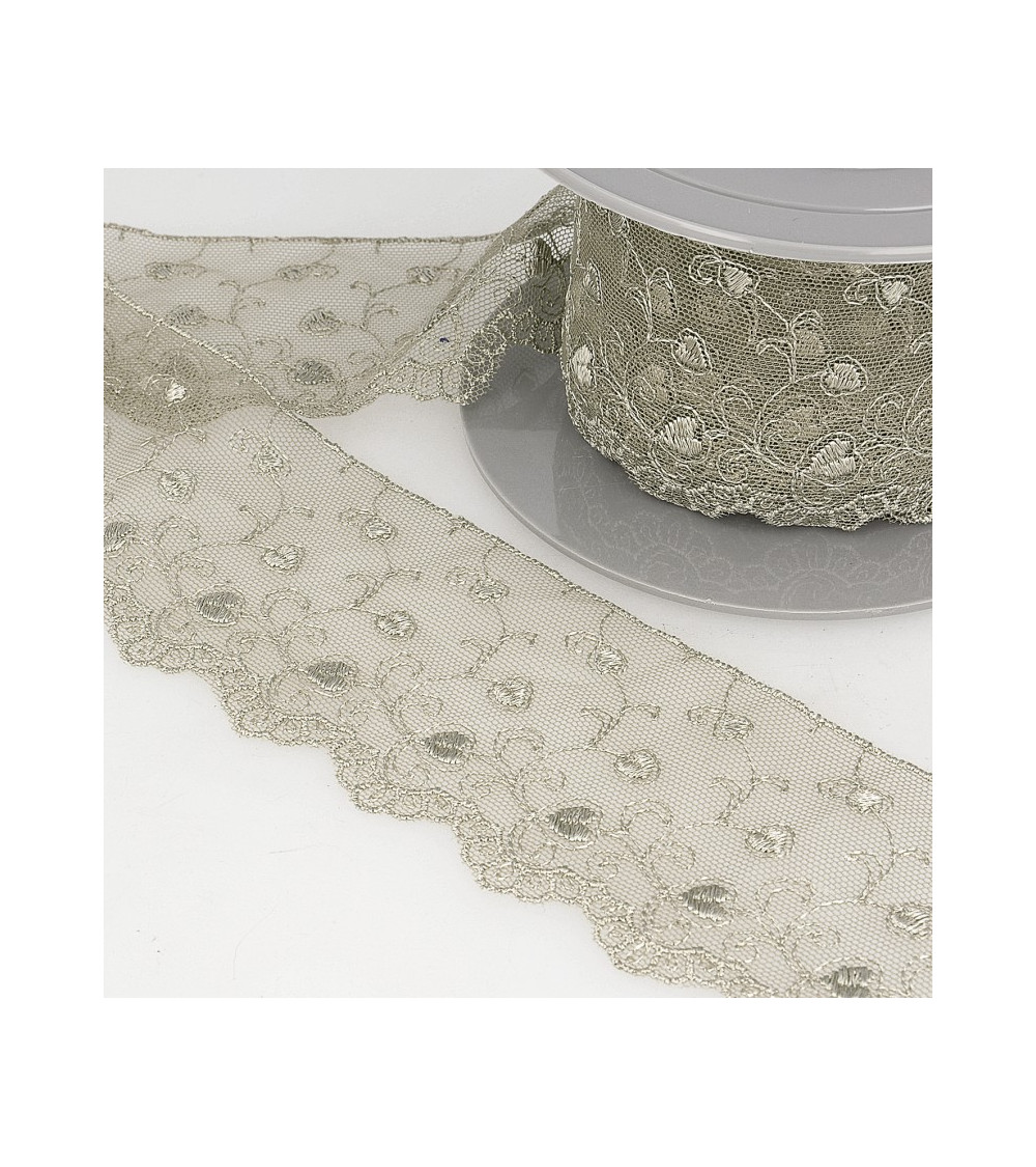 Bobina di ricamo di cuori in tulle 14,6 m tortora 70 mm