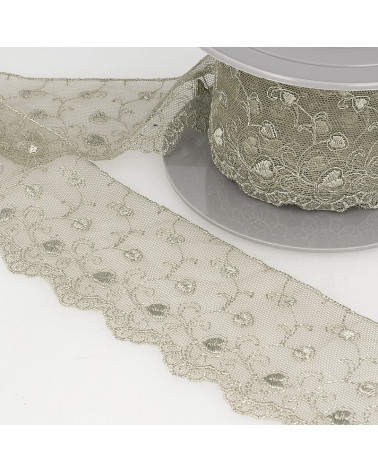 Bobina di ricamo di cuori in tulle 14,6 m tortora 70 mm