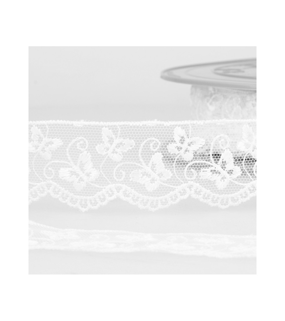 Bobine broderie tulle papillons 14,6m blanc 35mm