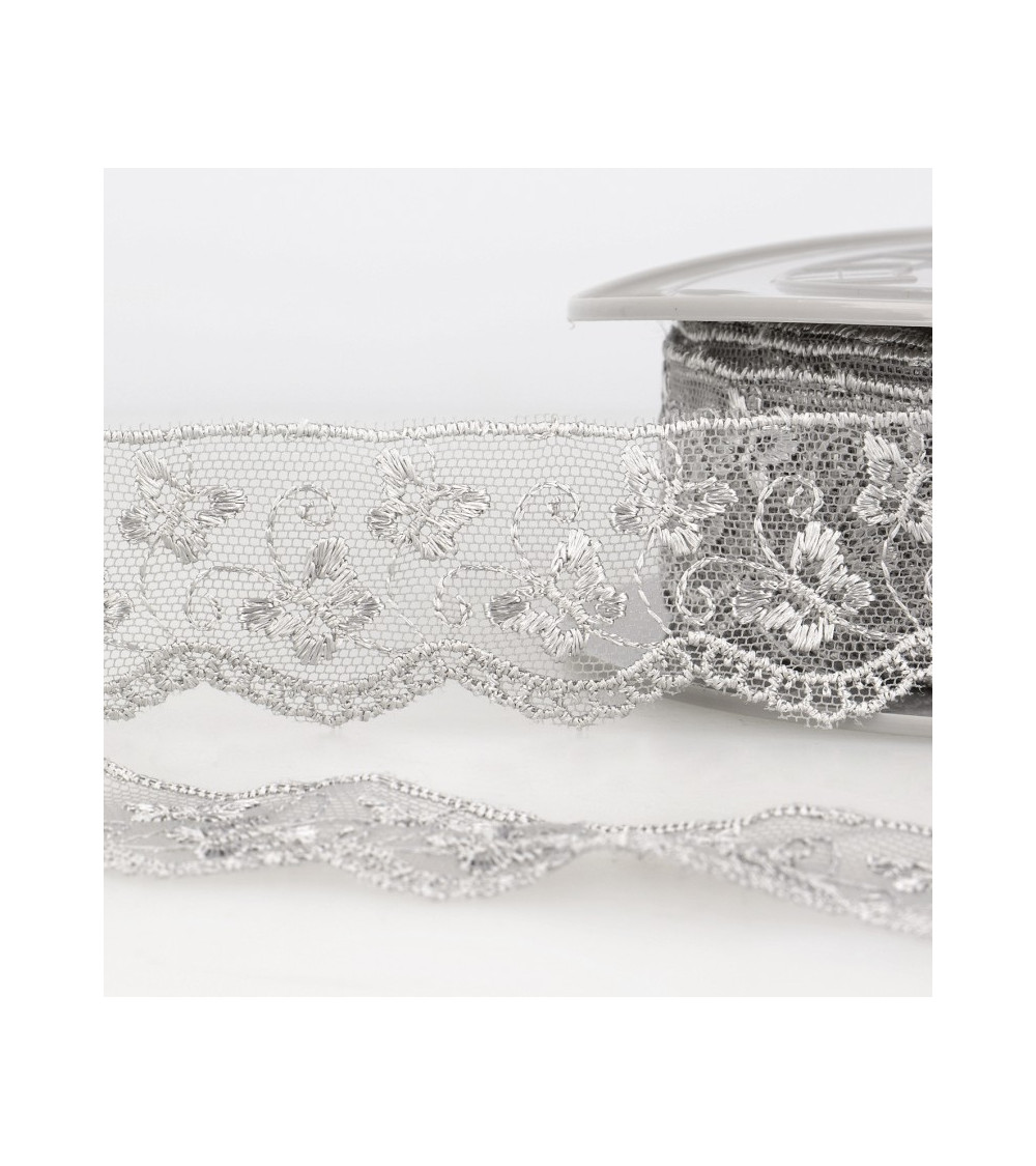 Bobina da ricamo in tulle farfalla 14,6 m grigio chiaro 35 mm