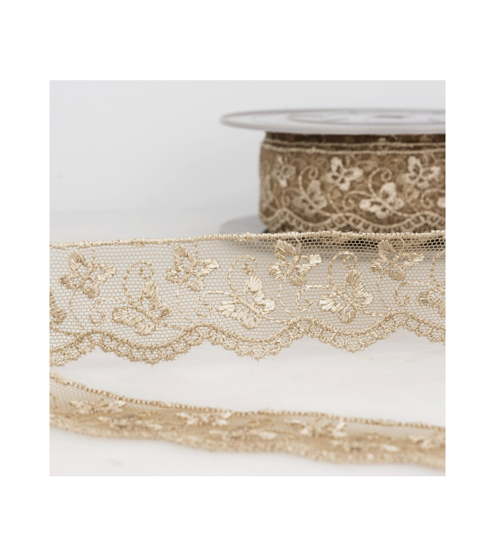 Bobina da ricamo in tulle farfalla 14,6 m beige 35 mm